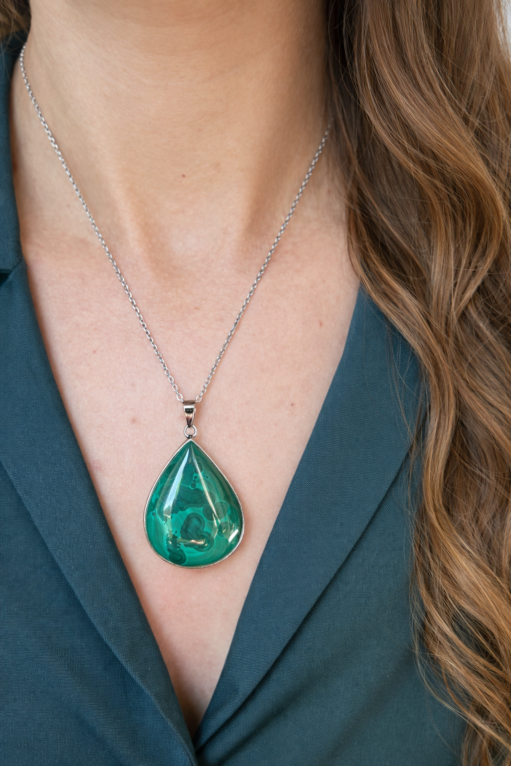 Collier malachite pierre naturelle et acier inoxydable argenté – Bijou femme