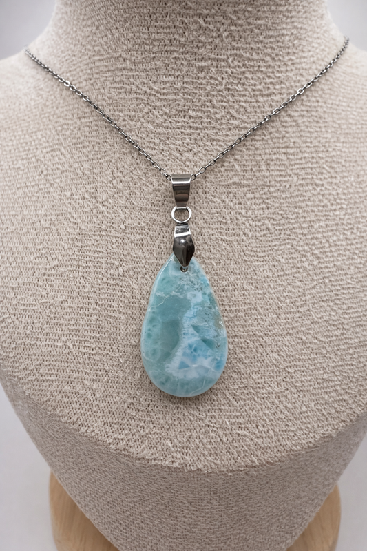 Collier Larimar en Acier Inoxydable Argenté – Pierre Naturelle Apaisante