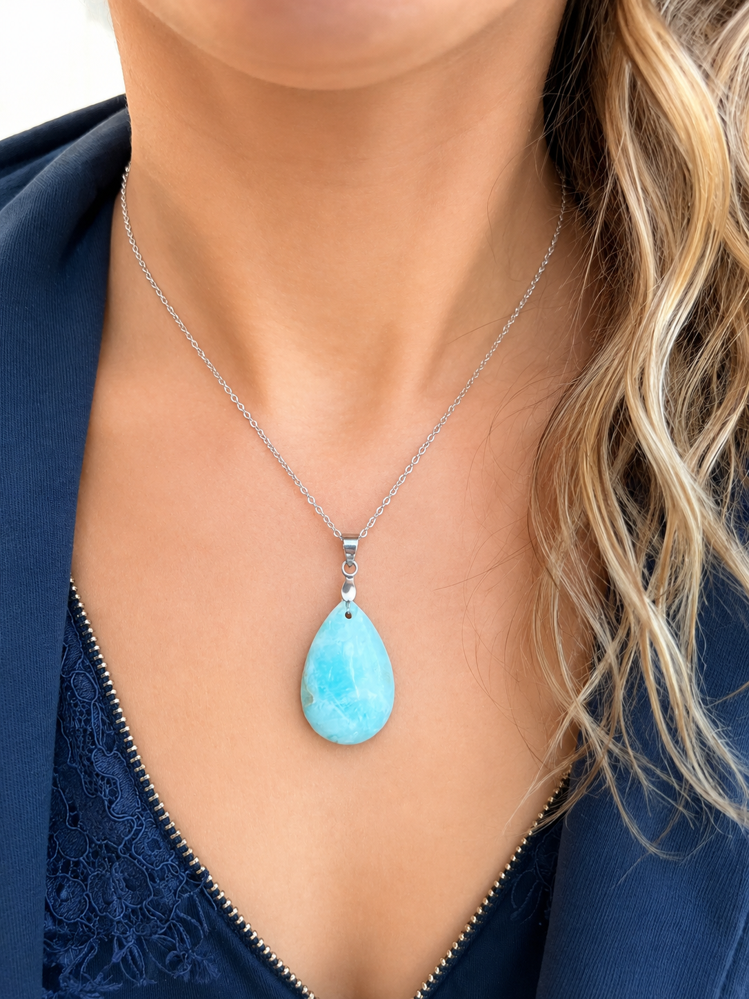 Collier Larimar Pierre Naturelle - Pendentif Acier Inoxydable Argenté - Bijou Femme Lithothérapie