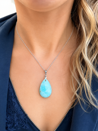 Collier Larimar Pierre Naturelle - Pendentif Acier Inoxydable Argenté - Bijou Femme Lithothérapie