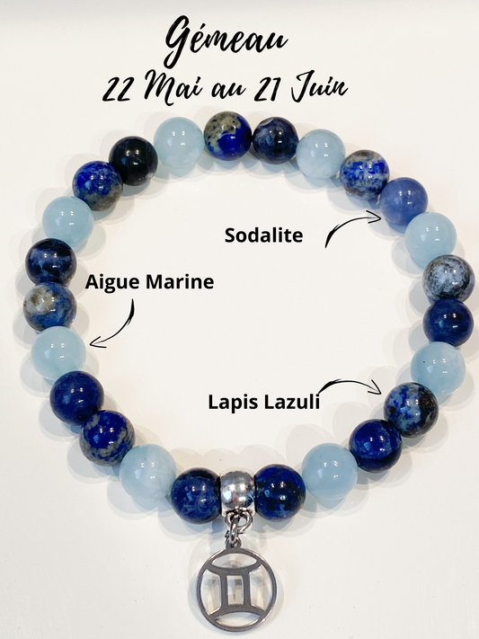 Bracelet signe astrologique gémeau en Lapis lazuli, Sodalite et Aigue Marine
