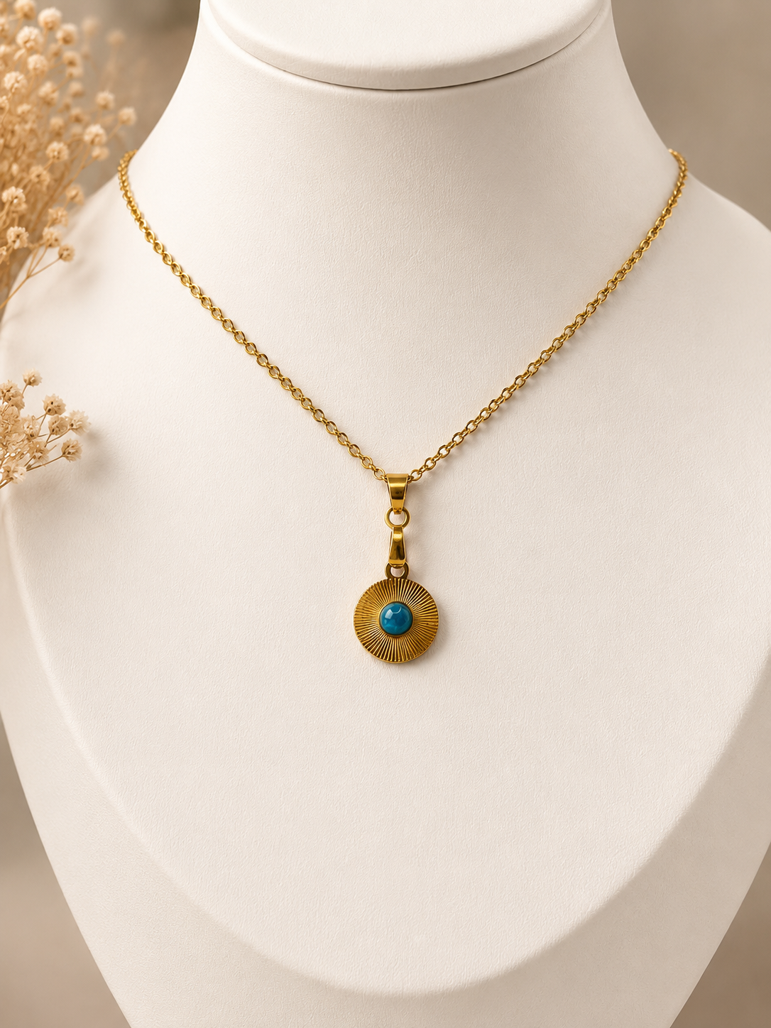 Collier apatite bleue en acier inoxydable doré – pierre naturelle apaisante