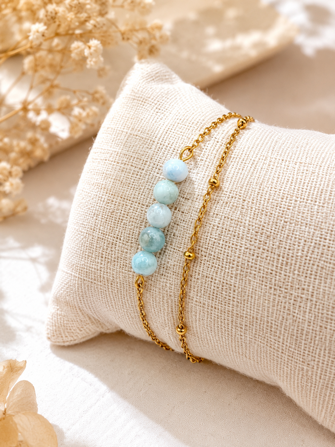 Bracelet Larimar naturel en acier inoxydable doré – pierre bleue apaisante, anti‑stress et élégante