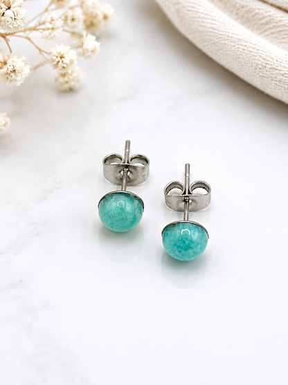 Boucles d'Oreilles Amazonite en Acier Inoxydable Argenté – Clous d'Oreilles Pierre Naturelle Femme