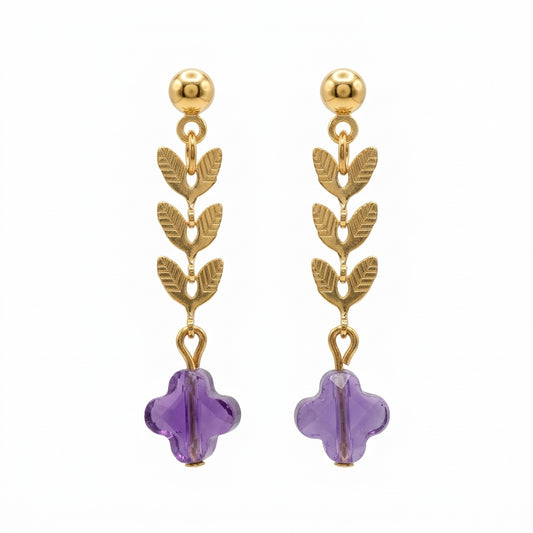 Boucles d’Oreilles Améthyste Pendantes – Acier Inoxydable Doré | Bijou Pierre Naturelle