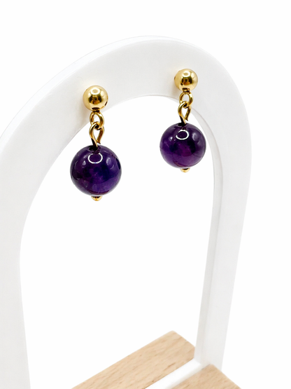 Boucles d’oreilles améthyste en acier inoxydable doré – pierre naturelle sérénité