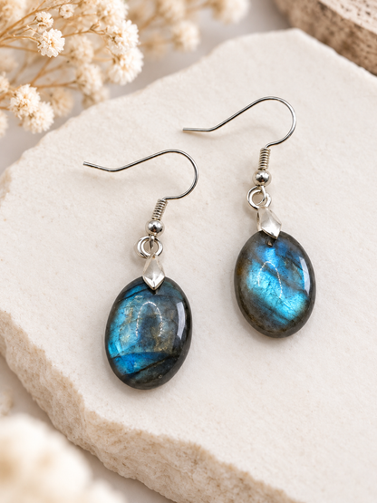 Boucles d’oreilles en labradorite et acier inoxydable
