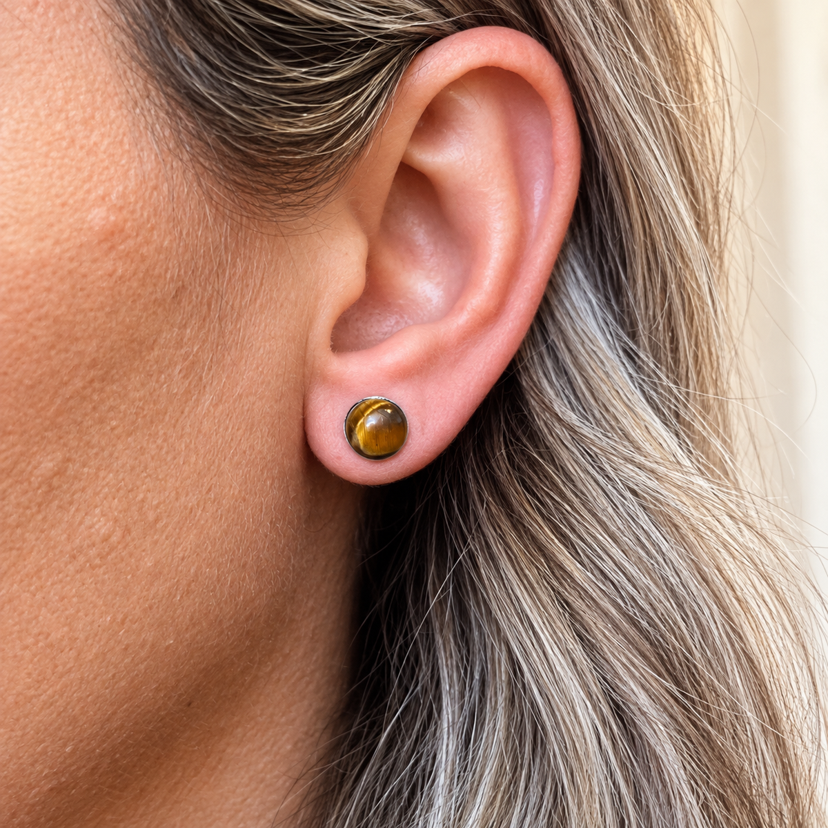Boucles d’oreilles œil de tigre – Acier inoxydable argenté