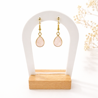 Boucles d’oreilles quartz rose pierre naturelle – Acier inoxydable doré – Boucle d’oreille femme élégante, bijou lithothérapie