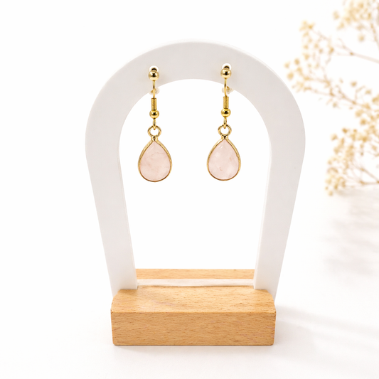 Boucles d’oreilles quartz rose pierre naturelle – Acier inoxydable doré – Boucle d’oreille femme élégante, bijou lithothérapie