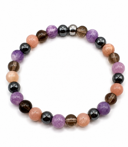 Bracelet anti-déprime pierres naturelles – pierre de soleil, lépidolite, hématite, quartz fumé