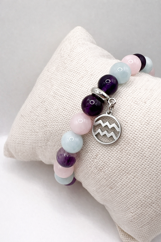 Bracelet Verseau en Aigue-Marine, Quartz Rose et Fluorite : Harmonie et Protection Astrologique