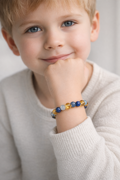 Bracelet enfant ambre, aigue‑marine et lapis‑lazuli – pierres naturelles bleues et dorées, douceur, protection et sérénité