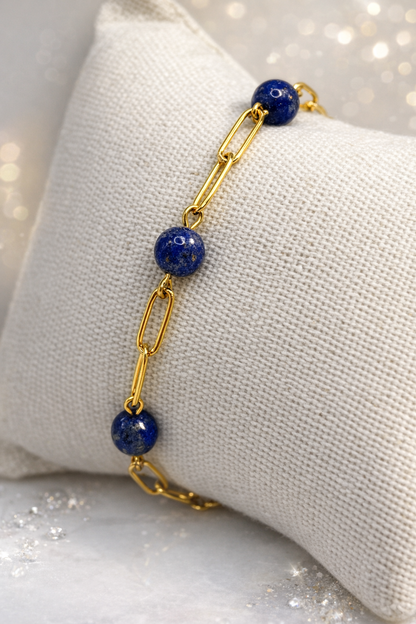 Bracelet lapis lazuli bienfaits, acier inoxydable doré femme