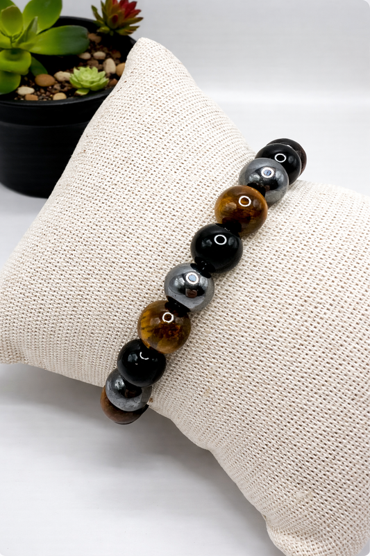 Bracelet Triple Protection en Pierres Naturelles – Œil de Tigre, Obsidienne Noire & Hématite