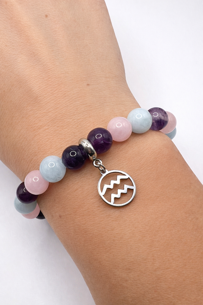 Bracelet Verseau en Aigue-Marine, Quartz Rose et Fluorite : Harmonie et Protection Astrologique