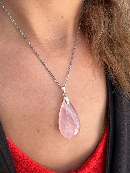 Collier quartz rose femme en acier inoxydable argenté – bijou pierre naturelle amour