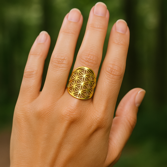 Bague Fleur de Vie en Acier Doré – Bijou Énergétique et Spirituel