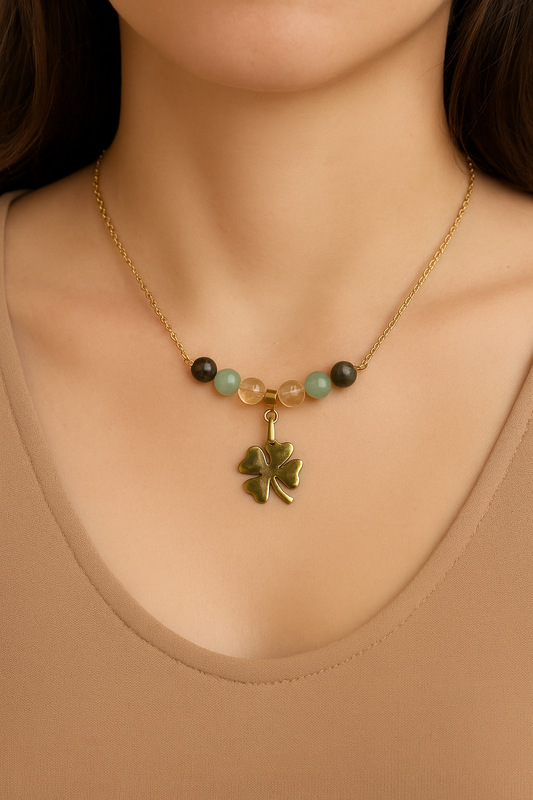Collier Porte-Bonheur en Aventurine, Citrine, Pyrite et Acier Inoxydable doré