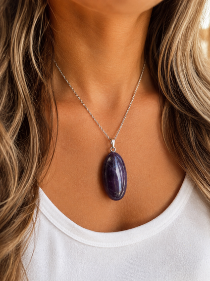 Collier pendentif améthyste acier couleur argent