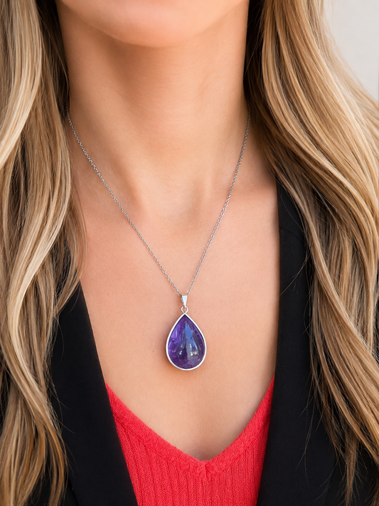 Collier améthyste femme – acier inoxydable argenté, pierre naturelle de protection