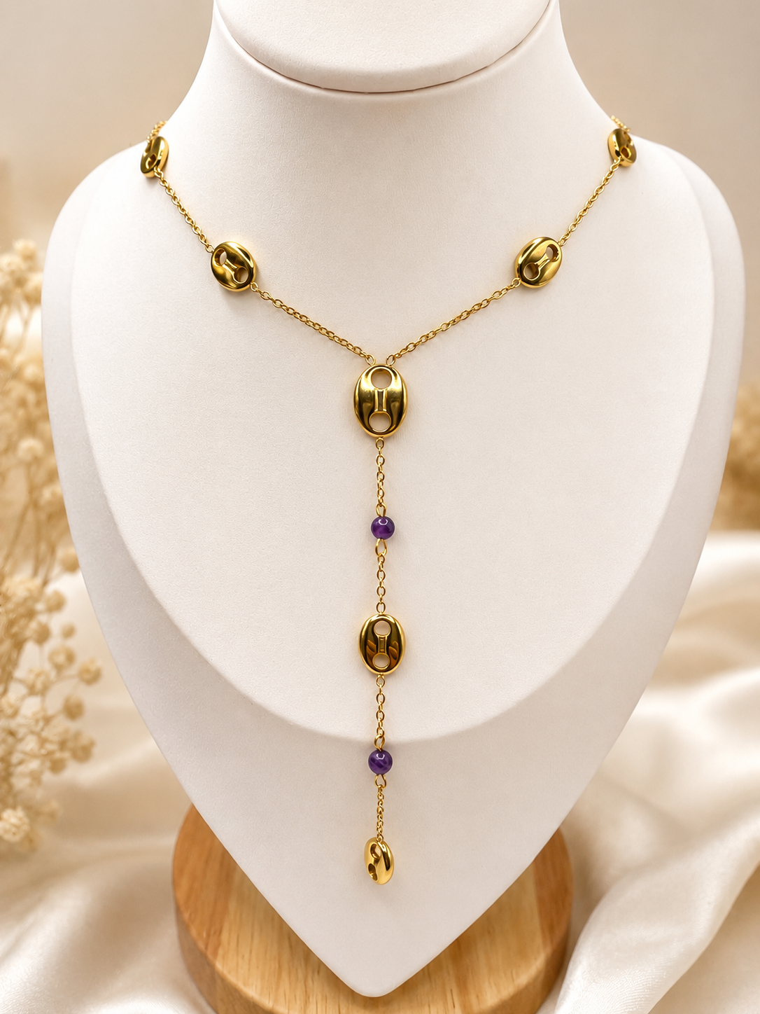 Collier Acier Inoxydable Doré, Grains de Café & Améthyste