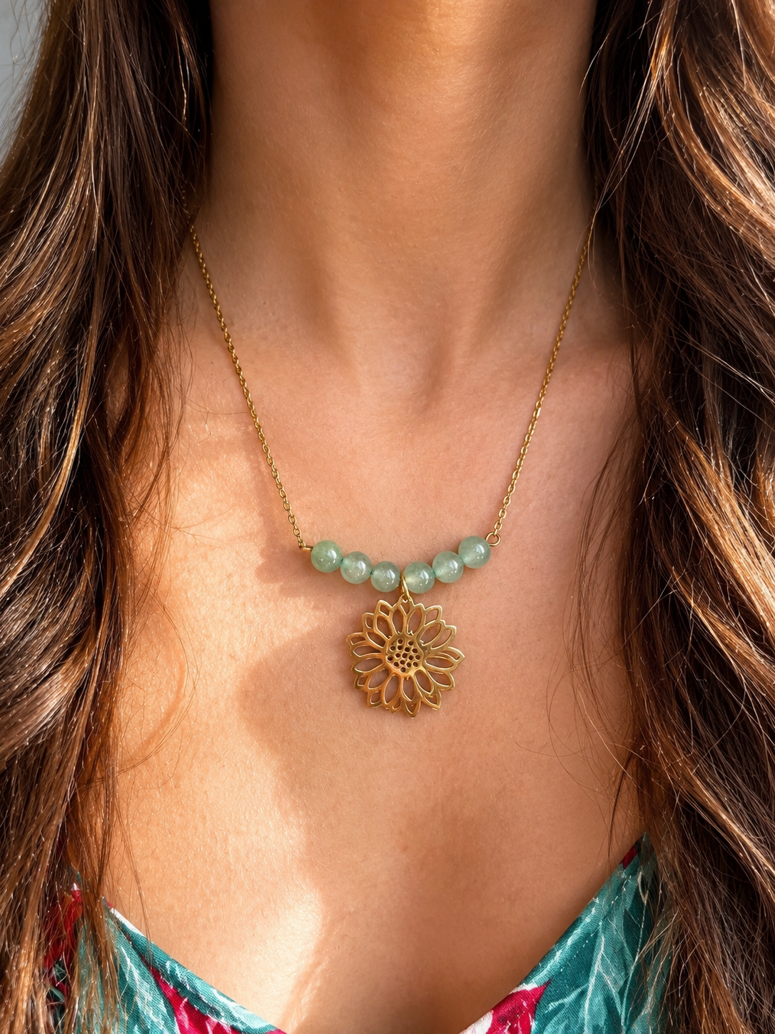 Collier aventurine verte en acier inoxydable doré – pierre naturelle, vitalité et créativité
