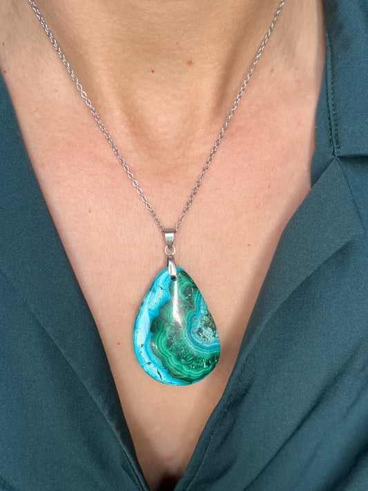 Collier azurite malachite en acier inoxydable argenté – pierre naturelle bleu vert, bijou de lithothérapie femme