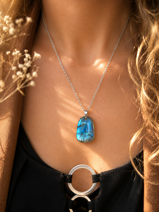 Collier en Labradorite Authentique – Acier Inoxydable Argenté – Fait Main en France