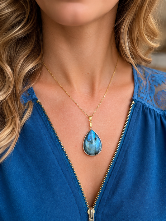 Collier Labradorite Femme en Acier Inoxydable Argenté