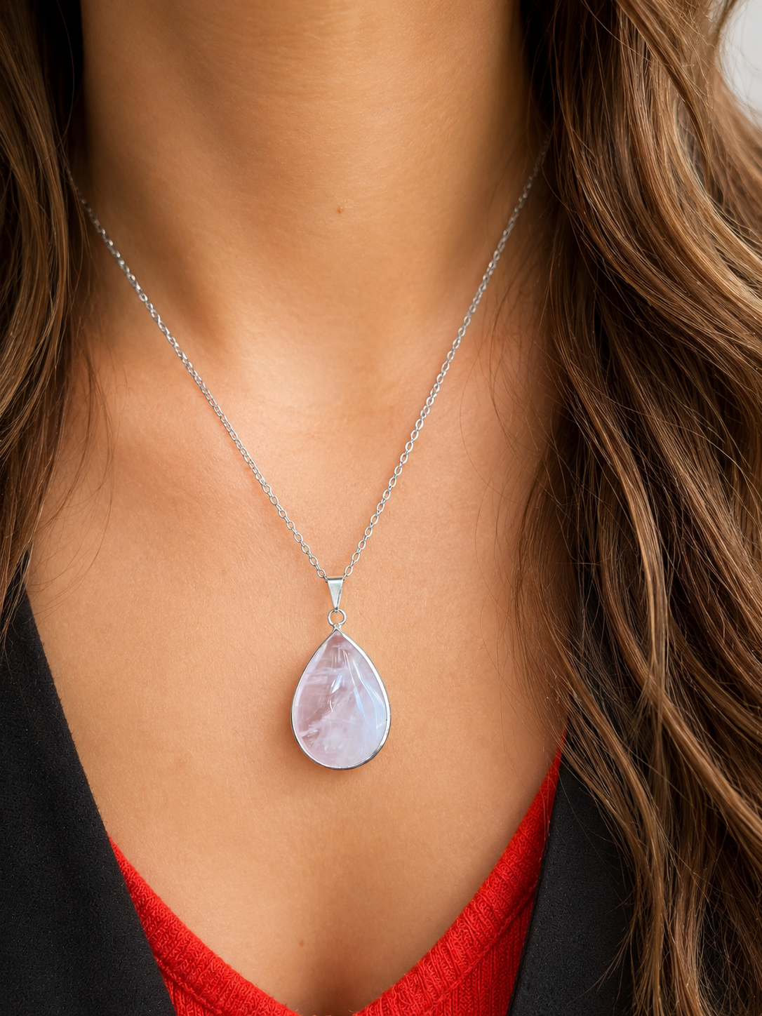 Collier quartz rose femme en acier inoxydable argenté – bijou pierre naturelle amour