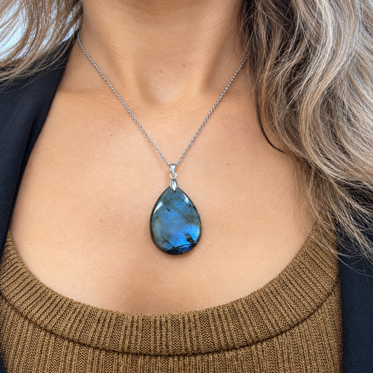Collier labradorite femme en acier inoxydable argenté