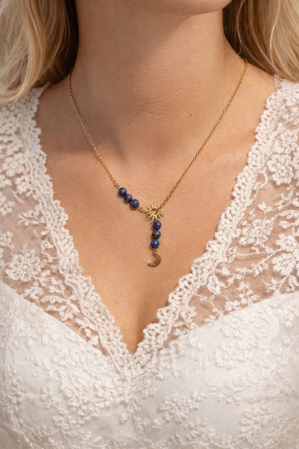 Collier Lapis-Lazuli & Acier Inoxydable – Soleil et Lune, Pierre Naturelle de Protection