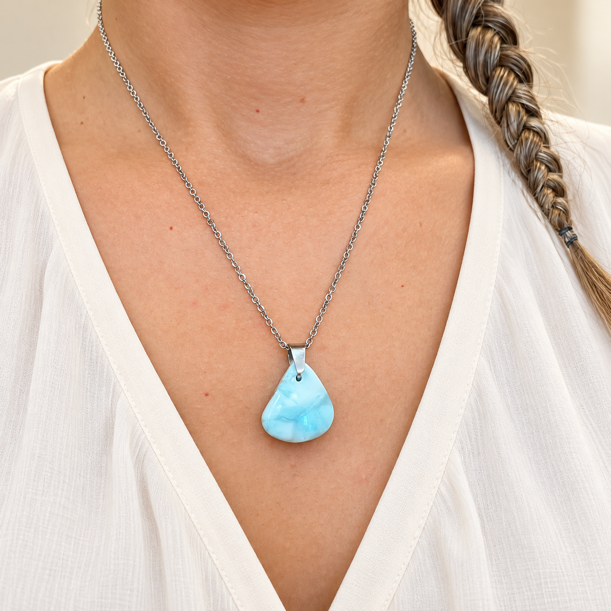 Collier larimar en acier inoxydable argenté