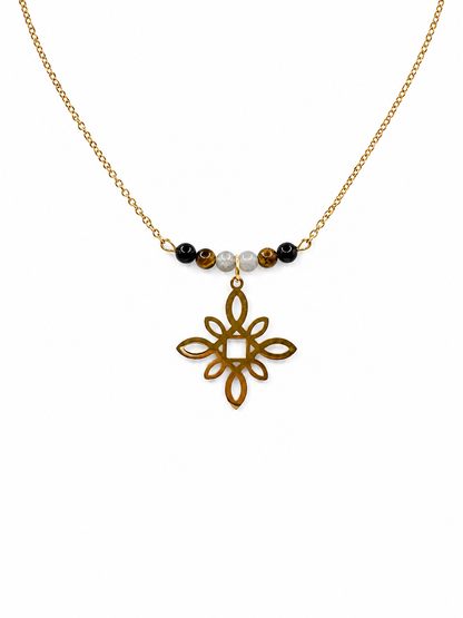 Collier triple protection en pierres naturelles – labradorite, œil de tigre, obsidienne noire, noeud de sorcière en acier inoxydable doré.