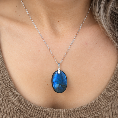 Collier labradorite naturelle – Pendentif en acier argenté