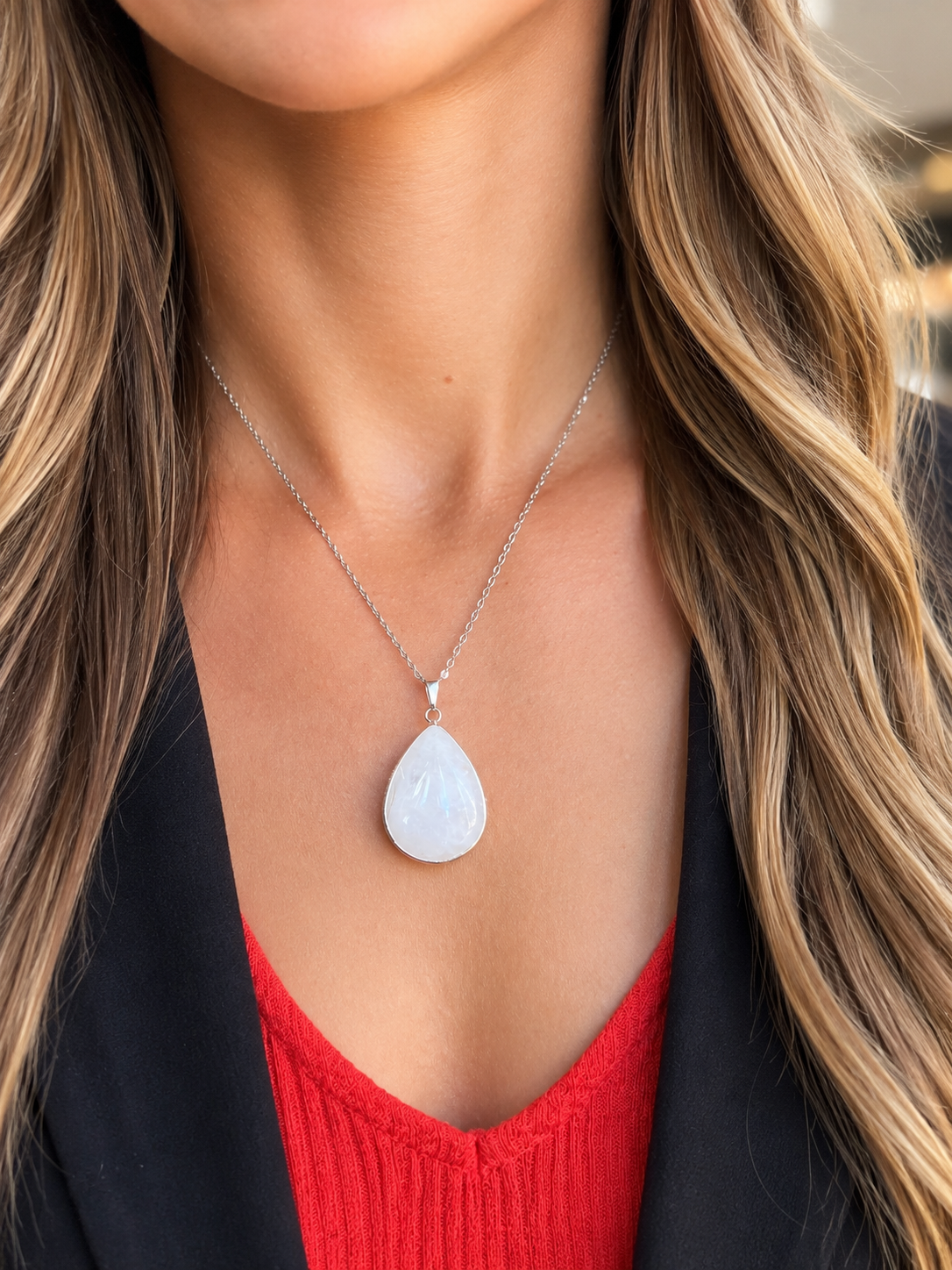 Collier Pierre de Lune Naturelle – Bijou Féminin en Acier Inoxydable Argenté