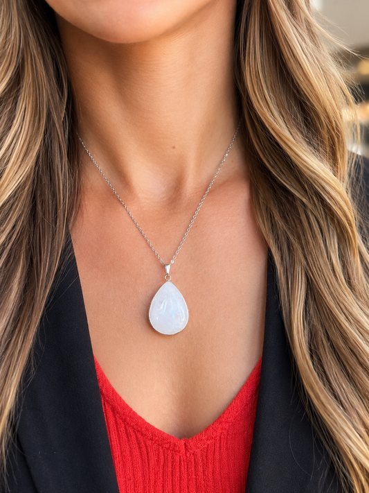 Collier Pierre de Lune Naturelle – Bijou Féminin en Acier Inoxydable Argenté