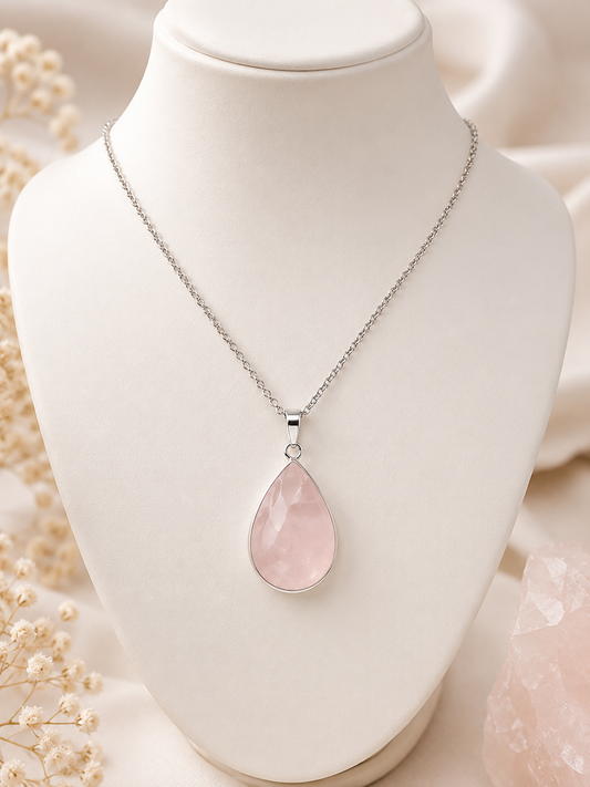Collier quartz rose femme en acier inoxydable argenté – bijou pierre naturelle amour