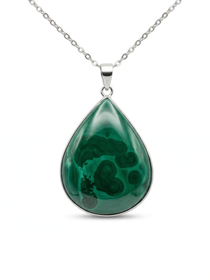 Collier malachite pierre naturelle et acier inoxydable argenté – Bijou femme