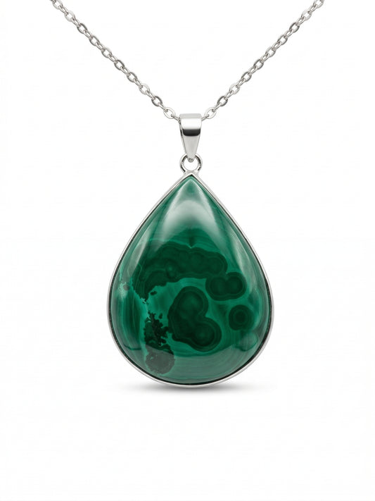 Collier malachite pierre naturelle et acier inoxydable argenté – Bijou femme