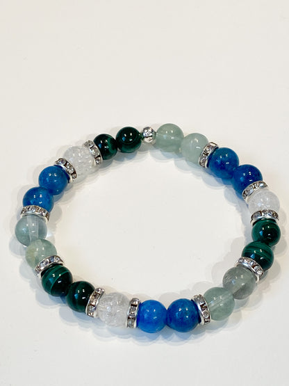 Bijoux spécial arthrose : Malachite, cristal de roche, apatite et fluorite , 8mm