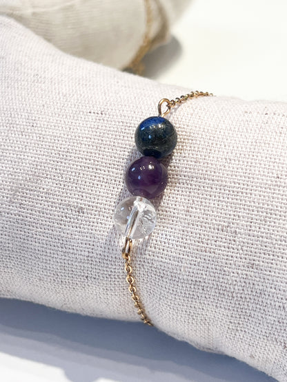 Bracelet Anti-Migraine en Acier Doré : Lapis Lazuli, Améthyste et Cristal de Roche