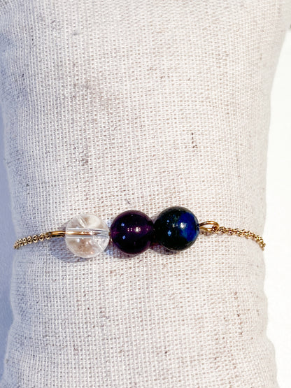 Bracelet Anti-Migraine en Acier Doré : Lapis Lazuli, Améthyste et Cristal de Roche