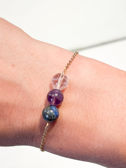 Bracelet Anti-Migraine en Acier Doré : Lapis Lazuli, Améthyste et Cristal de Roche