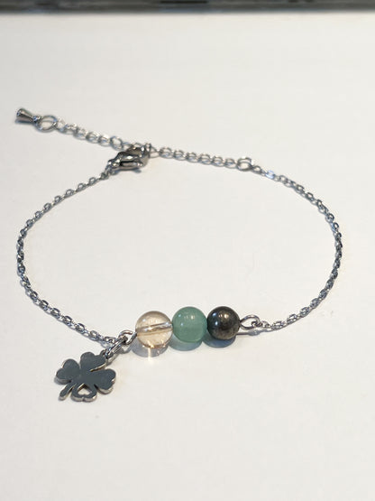 Bracelet Abondance en Acier Inoxydable Argenté avec Citrine, Aventurine, Pyrite et Trèfle