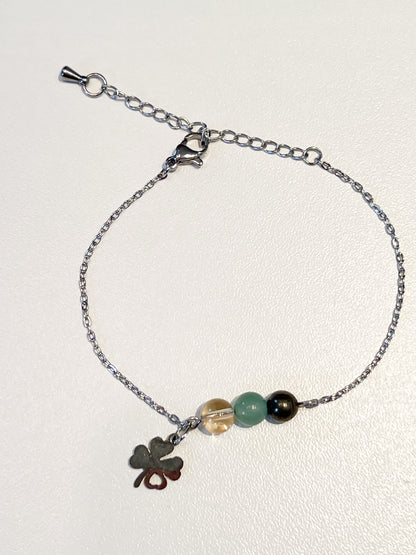 Bracelet Abondance en Acier Inoxydable Argenté avec Citrine, Aventurine, Pyrite et Trèfle