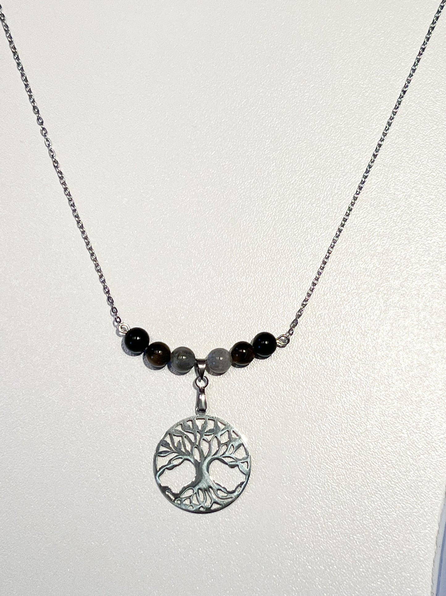 Collier Arbre de Vie en Acier Inoxydable Argenté avec Labradorite, Oeil de Tigre et Obsidienne Noire – Bijou Protections