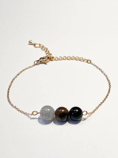 Bracelet Protection en Labradorite, Œil de Tigre et Obsidienne Noire - Acier Inoxydable Doré