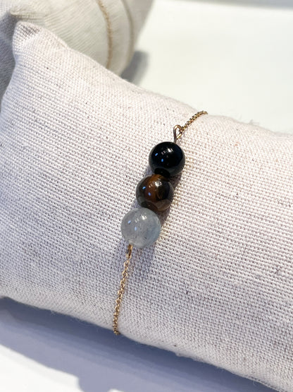 Bracelet Protection en Labradorite, Œil de Tigre et Obsidienne Noire - Acier Inoxydable Doré